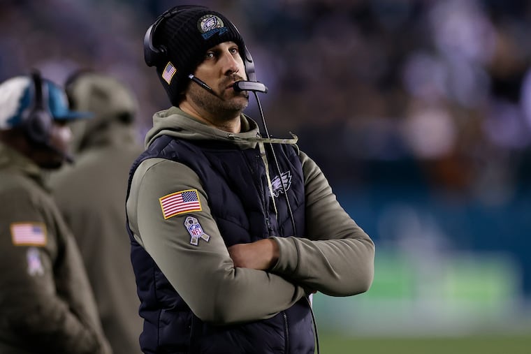 Eagles coach Nick Sirianni on the sideline during the loss to the Washington Commanders.