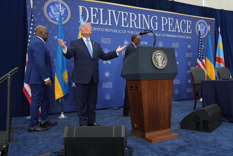 President Donald Trump arrives for a signing ceremony with Rwanda's President Paul Kagame and Democratic Republic of Congo President Felix-Antoine Tshisekedi at the U.S. Institute of Peace, Thursday, Dec. 4, 2025, in Washington.