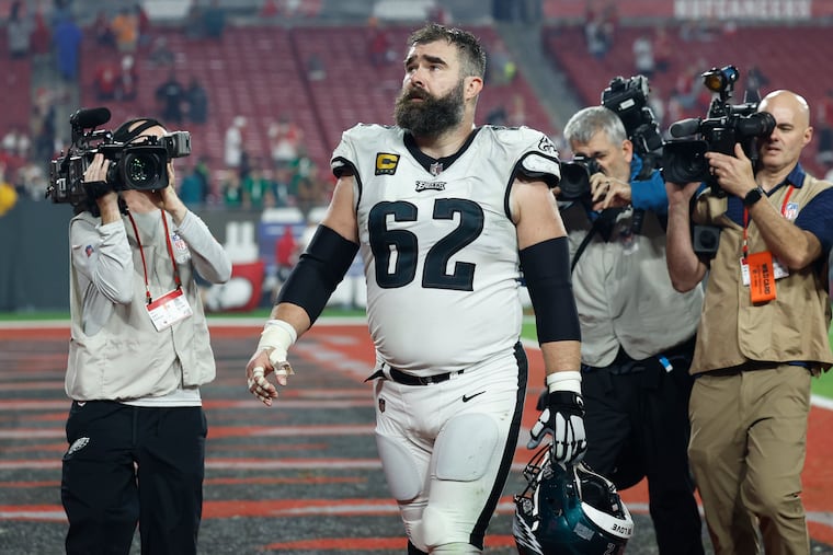 Eagles center Jason Kelce walks off the field after the loss to the Bucs on Monday night.