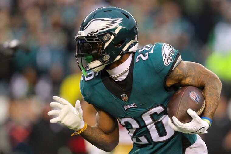 Philadelphia Eagles running back Miles Sanders carries the ball in the second quarter of the NFC Championship game against the San Francisco 49ers at Lincoln Financial Field on Sunday, Jan. 29, 2023, in Philadelphia.