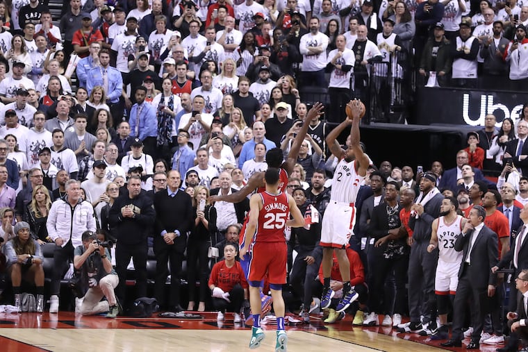 The Raptors' Kawhi Leonard hits the game-winning shot in Game 7 of the NBA Eastern Conference semifinals against the Sixers at the Scotiabank Arena in Toronto on May 12.