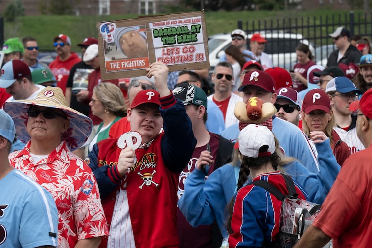 Phillies fans line up to enter the stadium prior to the Opening Day Game between the Philadelphia Phillies versus the Colorado Rockies at Citizens Bank Park in Philadelphia, Pa. Monday, March 31, 2025.
