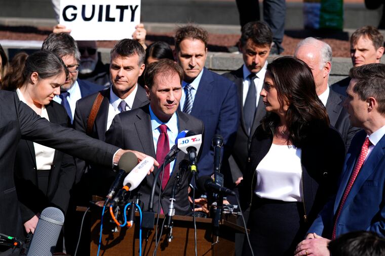 Attorney Justin Nelson, representing Dominion Voting Systems, speaks at a news conference outside New Castle County Courthouse in Wilmington, Del., after the defamation lawsuit by Dominion Voting Systems against Fox News was settled just as the jury trial was set to begin.