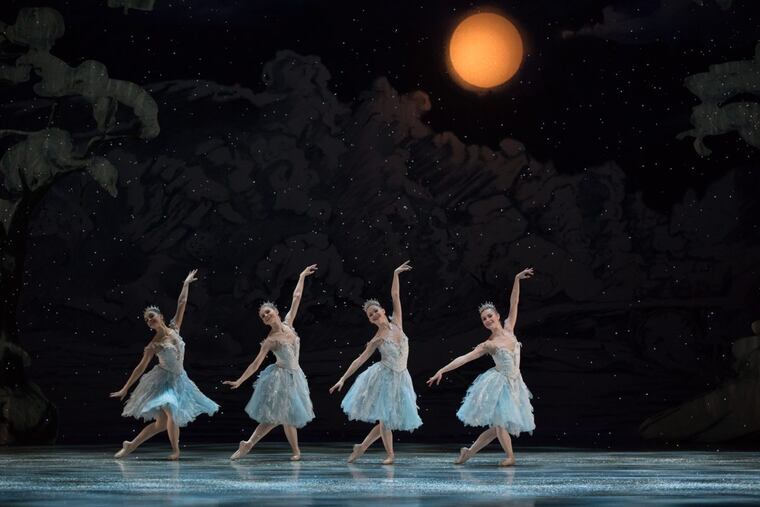 The delicate snow scene from this year’s “Nutcracker,” danced to Tchaikovsky’s “Waltz of the Snowflakes.” Now picture it with a wayward mouse scampering through.