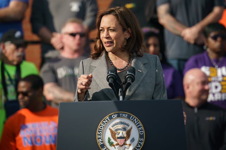 Vice President Kamala Harris speaks at the Sheet Metal Workers Local 19 in Philadelphia on Tuesday.