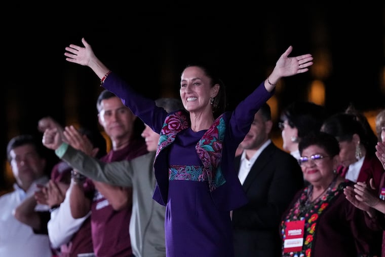 President-elect Claudia Sheinbaum waves to supporters at the Zocalo, Mexico City's main square, after the National Electoral Institute announced she held an insurmountable lead in the election on June 3.