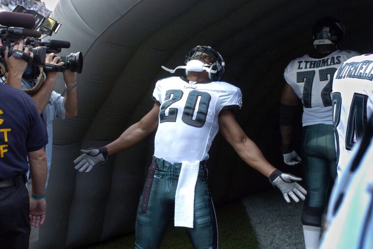 Eagles Brian Dawkins gets fired-up before the start of their first game of the season on Sunday, September 12, 2004 at Lincoln Financial Field. Brian Dawkins spent 13 of his 16 years in the NFL with the Eagles, and now he's being honored with a gold jacket.
