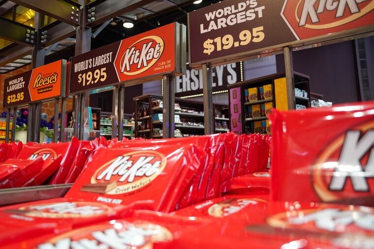 An assortment of the worlds largest candy bars for sale inside of Chocolate World in Hershey.