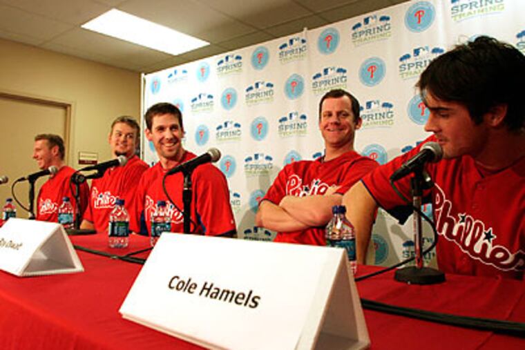 The Phillies held a press conference with their five starting pitchers on the first day of spring training. (Yong Kim/Staff Photographer)