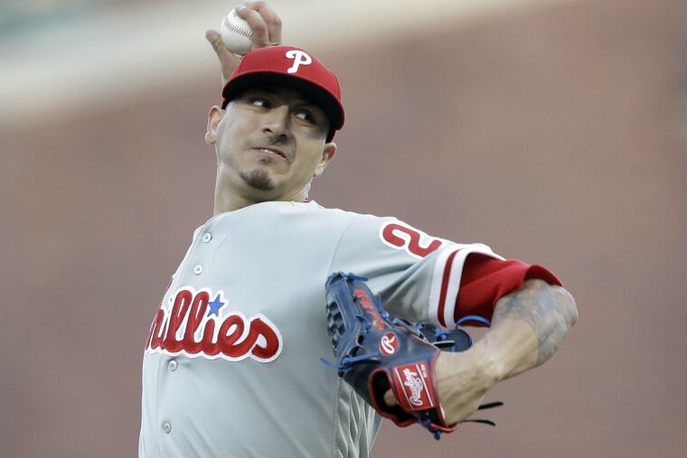 Phillies starting pitcher Vince Velasquez throws to the San Francisco Giants during the second inning of a baseball game Saturday, June 2, 2018, in San Francisco.