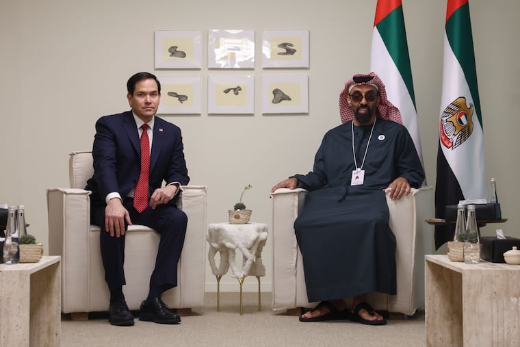 U.S. Secretary of State Marco Rubio, left, met with UAE National Security Advisor Sheikh Tahnoon bin Zayed Al Nahyan in Abu Dhabi, United Arab Emirates, Wednesday, Feb. 19, 2025.