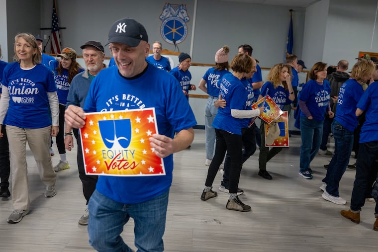 Broadway Equity actors from New York City head out from the Teamsters Local 623 Union Hall in Bridesburg to canvass on Monday, Oct. 28, 2024. They were part of a group working with the Philadelphia chapter of Actors' Equity and AFL-CIO, who have been knocking on doors to get the vote out for Harris and Walz since August.