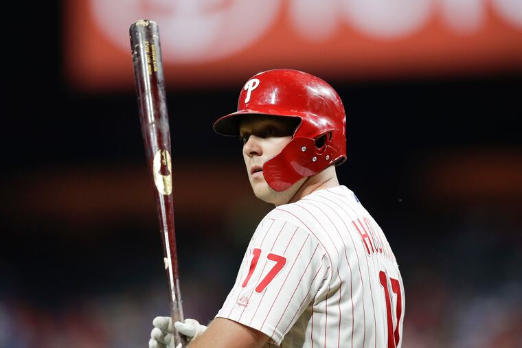 Phillies Rhys Hoskins preparing to bat against the Miami Marlins on Saturday, September 28, 2019 in Philadelphia.