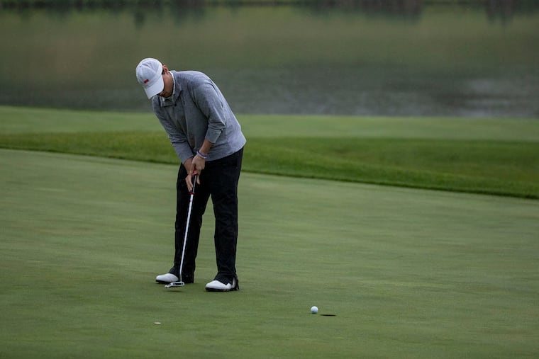 Jeremy Wall, 23, right, of Brielle N.J., at the 18th hole wins the semi finals against Conrad Von Borsig, 32, of Fort Washington, Pa., for the Philadelphia Amateur Championship on Wednesday June 13, 2019.