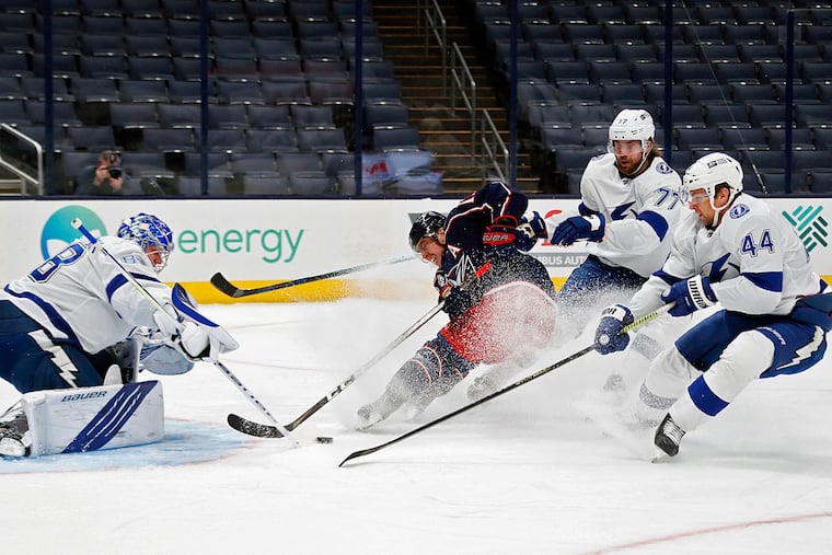 Cam Atkinson (center) was a two-time All-Star for the Columbus Blue Jackets. His acquisition for Jake Voracek was part of a furious week of dealing by Flyers general manager Chuck Fletcher.