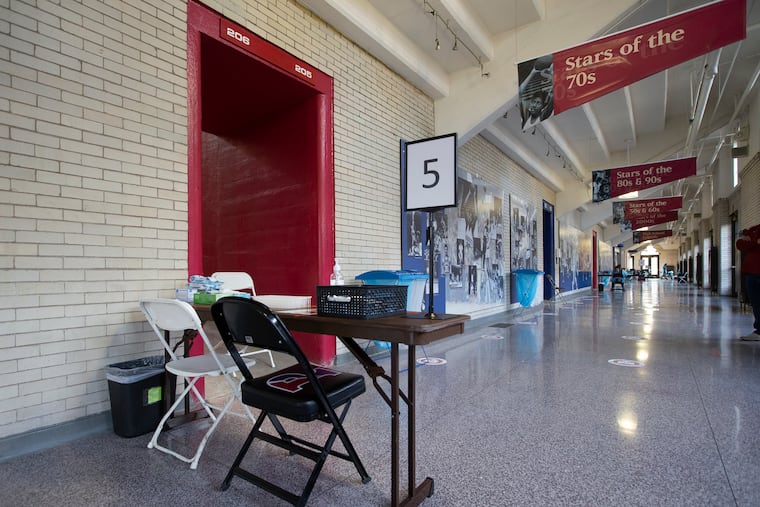 A COVID-19 testing site at the Palestra of the University of Pennsylvania on March 9, 2021.