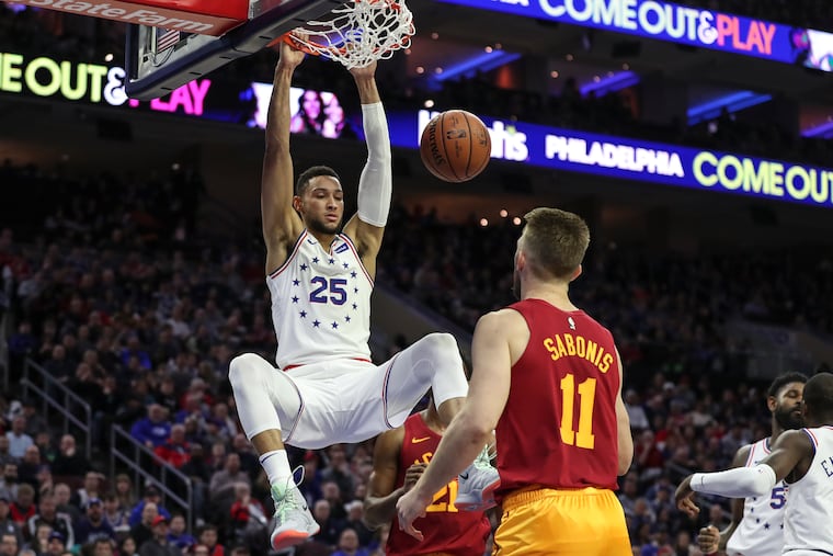 Sixers guard Ben Simmons dunks the ball in the first half of a game against the Indiana Pacers at the Wells Fargo Center in Philadelphia on Sunday.