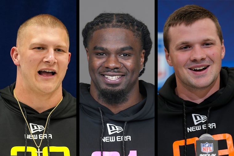 The Eagles' Day 3 picks in the 2025 NFL draft (from left) included Nebraska defensive tackle Ty Robinson, UCF cornerback Mac McWilliams, and Syracuse quarterback Kyle McCord.