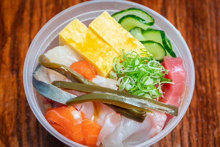 “Industry Chirashi" is a late-night bargain chirashi made in a plastic tub with scraps from the night's omakase at Royal Sushi & Izakaya.