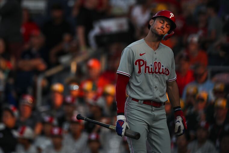 Trea Turner reacts after a strikeout in the first inning of a game against the Washington Nationals.