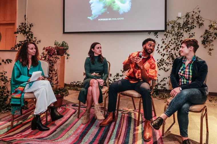 Aubrey Howard, co-founder of Philadose, Sofia Brandstetter, Demeko Freeman and Jess Jones speak during the Philadose conference on psychedelic drugs and how they can be used in therapy. With psychedelics getting legalized in several states, these local experts spoke on psychedelic therapy and what it means for Pennsylvania.
