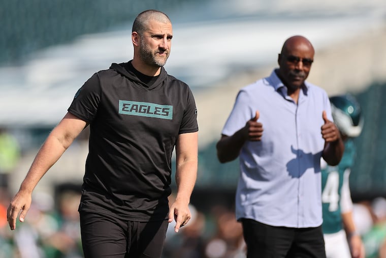 Eagles head coach Nick Sirianni watches his team warmup before an Oct. 13 matchup with the Browns.