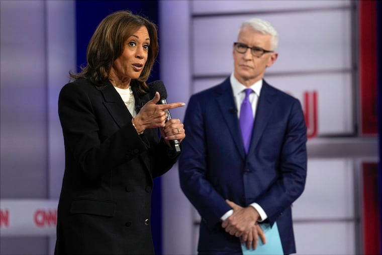 Vice President Kamala Harris speaks during a CNN town hall in Aston, Delaware County, on Wednesday, as moderator Anderson Cooper listens.