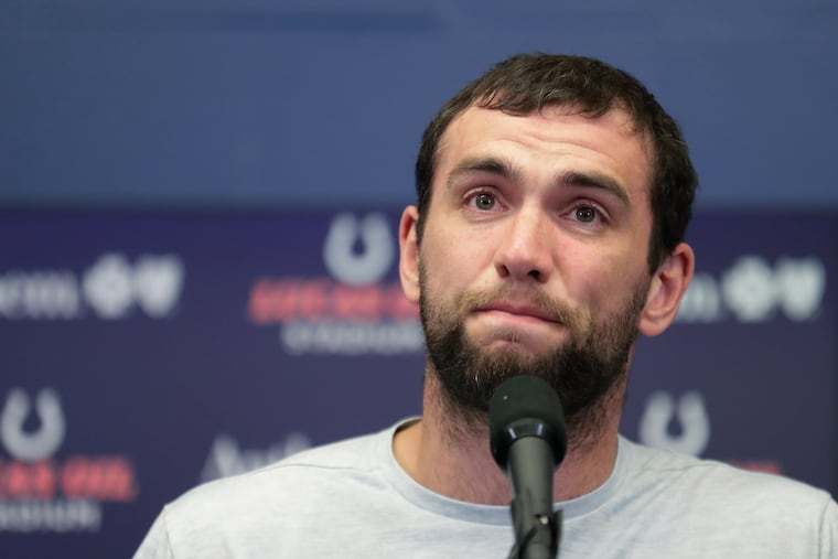 Indianapolis Colts quarterback Andrew Luck speaks during a news conference following the team's NFL preseason football game against the Chicago Bears, Saturday, Aug. 24, 2019, in Indianapolis. The oft-injured star is retiring at age 29.