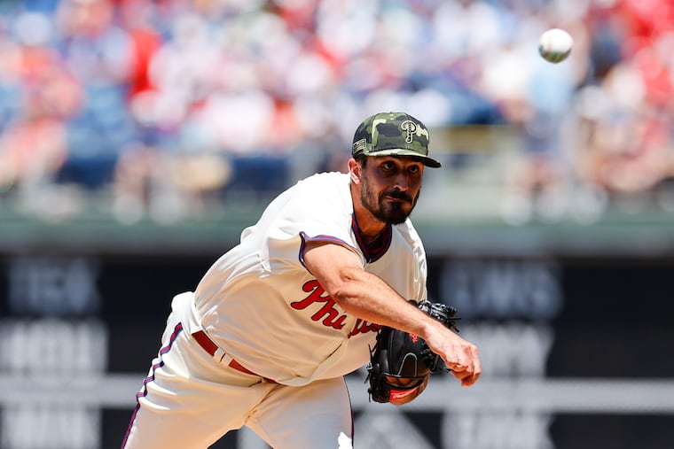Phillies pitcher Zach Eflin throws the baseball against the Los Angeles Dodgers on Sunday, May 22, 2022 in Philadelphia.
