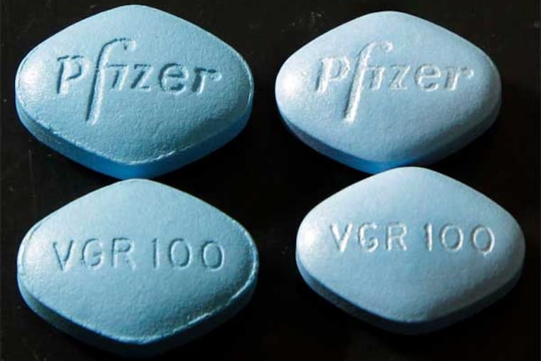 Pfizer hopes selling real Viagra (right) online will thwart Internet-based sales of bogus versions (left).