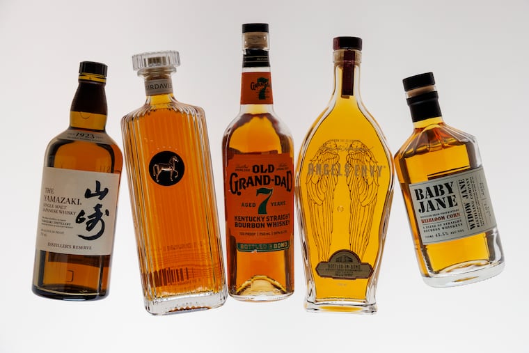 From left The Yamazaki, Single Malt Japanese Whiskey, Sirdavis Rye Whiskey Finished in Sherry Casks, Old Grand Dad, Kentucky Straight Bourbon Whiskey, Angels Envy Kentucky Straight Bourbon Whiskey and Baby Jane Bourbon Whiskey. Bottles for Craig Laban, studio, Tuesday, December 9, 2025