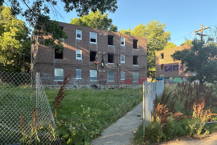 One of the vacant Bartram Village apartment buildings, which date to 1942. Squatters have been occupying and gutting the complex.