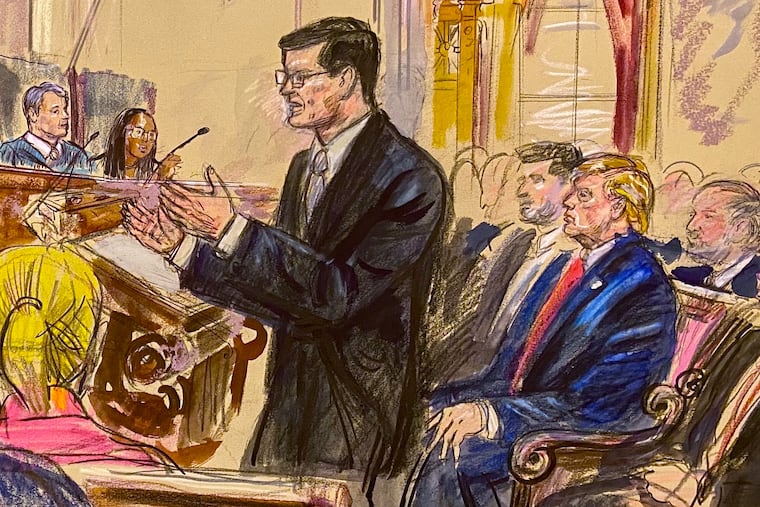 A courtroom sketch depicts Solicitor General D. John Sauer arguing before the Supreme Court on April 1. Sauer appeared nonplussed when asked by Justice Neil Gorsuch if Native Americans were U.S. citizens, writes Paul C. Rosier.