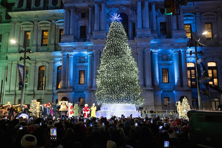 Philadelphia's hoilday tree was officially lit on Dec. 5, 2024 on the northside of City Hall. It is shown through an archway at City Hall.