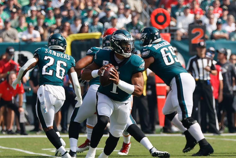 Eagles quarterback Jalen Hurts runs with the football against the Kansas City Chiefs on Sunday, October 3, 2021 in Philadelphia.