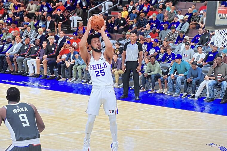 Ben Simmons takes a midrange jumper on NBA 2K21 against the Clippers.
