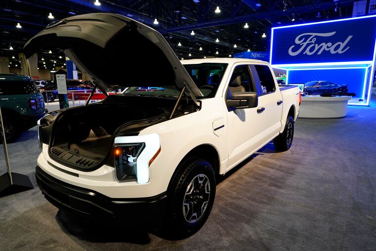 The Ford F-150 Lightning displayed at the Philadelphia Auto Show, Friday, Jan. 27, 2023, in Philadelphia. Federal electric-vehicle rebates could end soon under the second Trump administration, but auto industry groups are pushing back, and some analysts question whether they’ll actually be canceled.