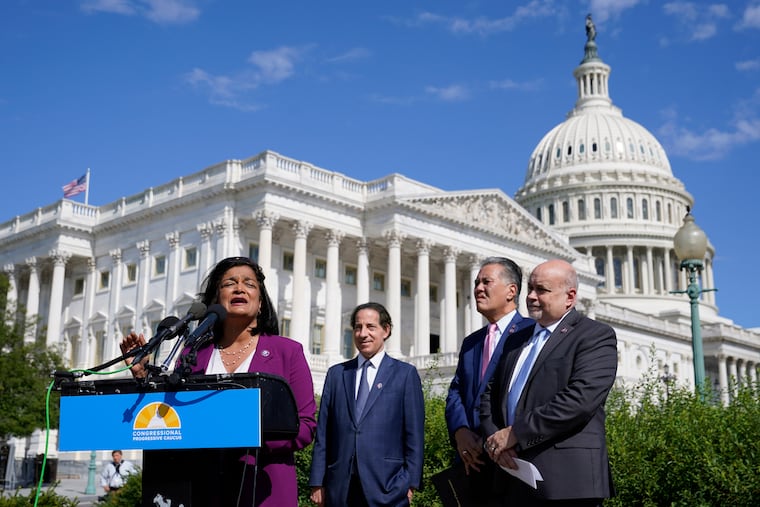 Rep. Pramila Jayapal, D-Wash., speaks alongside (from left) Rep. Jamie Raskin, D-Md., Rep. Mark Takano, D-Calif., and Rep. Mark Pocan, D-Wis.