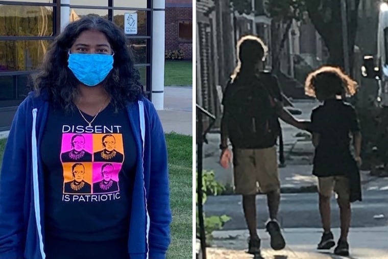 Emergency physician Priya Mammen, left, in 2020; at right, her two sons head to school in Philadelphia in 2018.