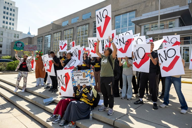 Akiraa Phillips, 14, of West Philadelphia, Pa., Freshman at Lankenau, chanting as their fellow students rally outside the School District of Philadelphia before the school board meeting in Philadelphia, Pa., on Thursday., April. 23, 2026.