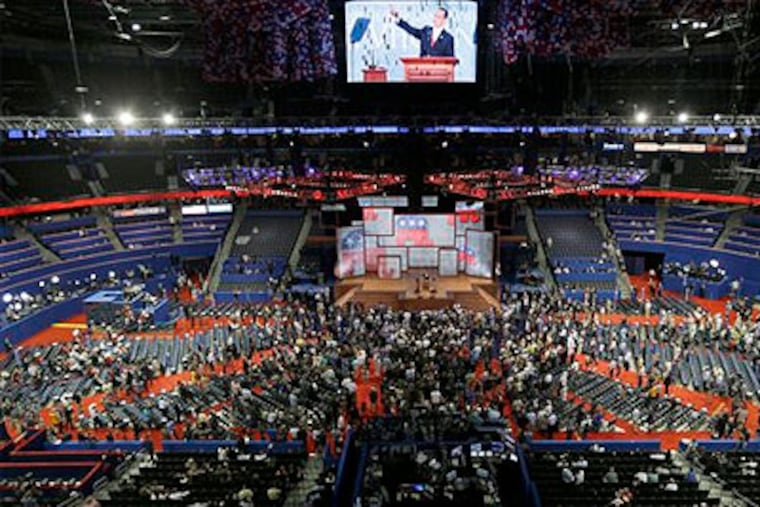 Chairman of the Republican National Committee Reince Priebus speaks to delegates during an abbreviated session the Republican National Convention in Tampa, Fla., on Monday, Aug. 27, 2012. (AP Photo / David Goldman)
