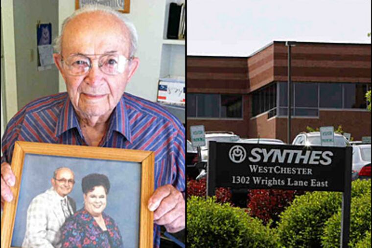 At his home in Antlers, Okla., Ike Eskind (left) holds a portrait of himself and his wife, Lois, who died during spinal surgery in what prosecutors called an illegal clinical trial by Synthes' Norian subsidiary. (David Sell & Michael Wirtz/Staff)