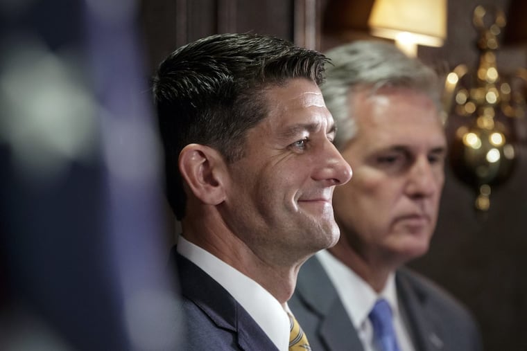 Speaker of the House Paul Ryan, R-Wis., joined at right by Majority Leader Kevin McCarthy, R-Calif., holds a news conference following a closed-door Republican strategy session at Republican National Committee Headquarters on Capitol Hill in Washington, last month.