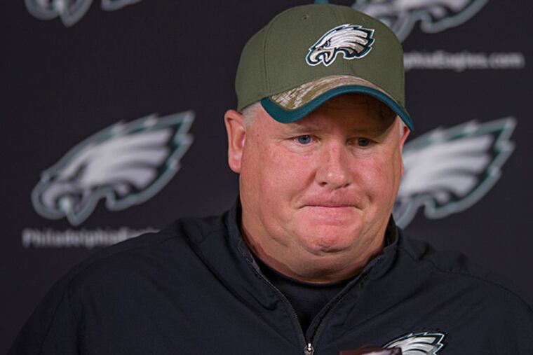 Eagles coach Chip Kelly meets with members of the media before the Eagles Organized Team Activity (OTA) May 28, 2015. (Clem Murray/Staff Photographer)