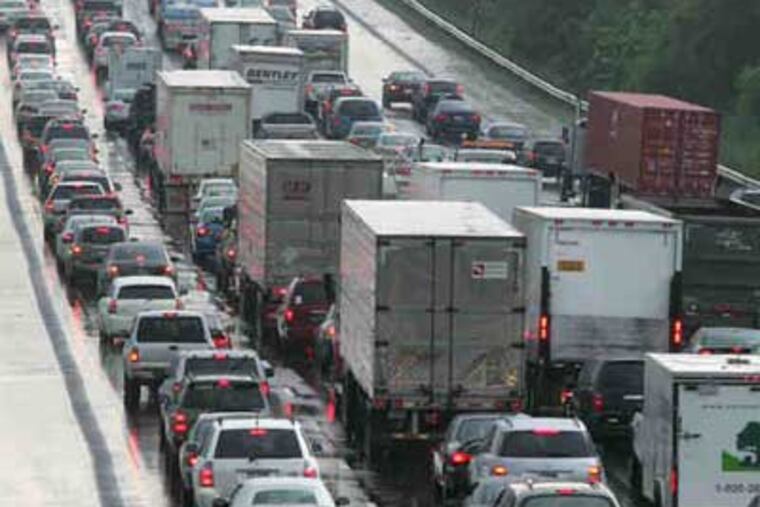 Southbound traffic stalls at the Ridley Park exi t of I-95, a highway where Pa. legislators are looking at tolls.