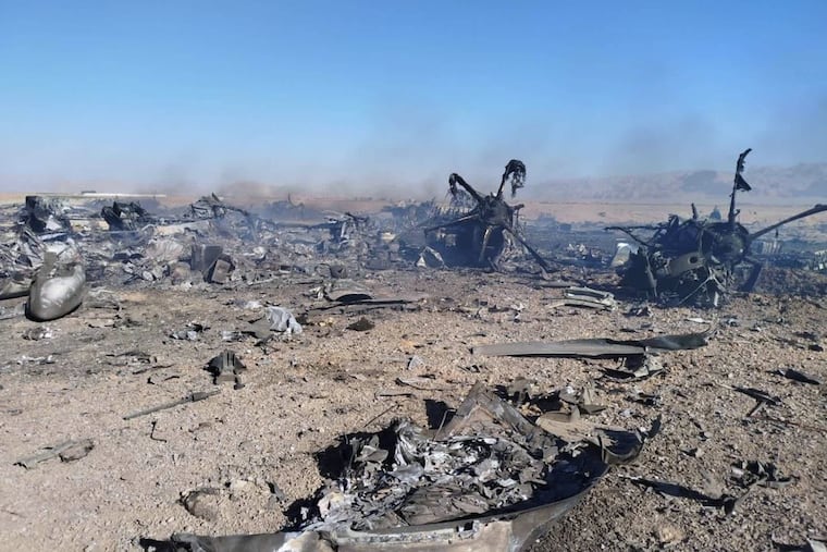 In this image provided by Sepahnews, the Iranian Revolutionary Guard's official website, wreckage is shown in Isfahan province at what Iran's state TV claimed was the site of a downed American transport plane and two helicopters involved in a rescue operation.