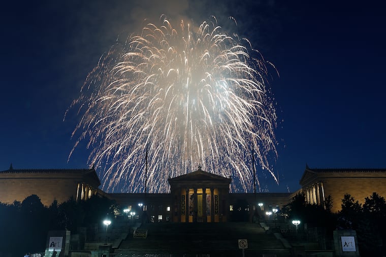 Fireworks over the Philadelphia Museum of Art along the Benjamin Franklin Parkway on Friday, July 4, 2025.