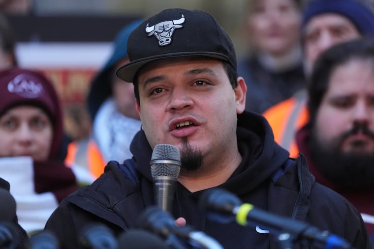 Kilmar Abrego Garcia speaks during a rally ahead of a mandatory check-in at the Immigration and Customs Enforcement office in Baltimore on Friday, Dec. 12.