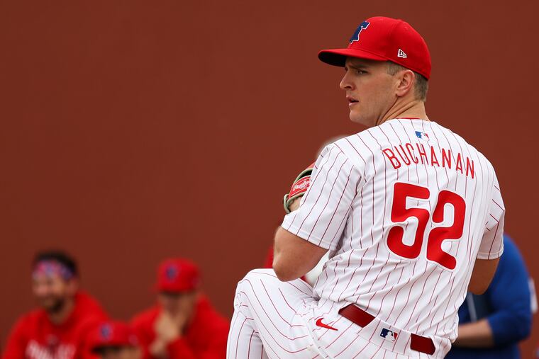 Phillies pitcher David Buchanan throws in the bullpen Thursday in Clearwater, Fla.