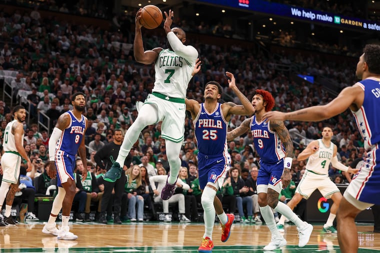 Boston's Jaylen Brown finds a gap in the Sixers defense for a layup in the first quarter of Game 1.
